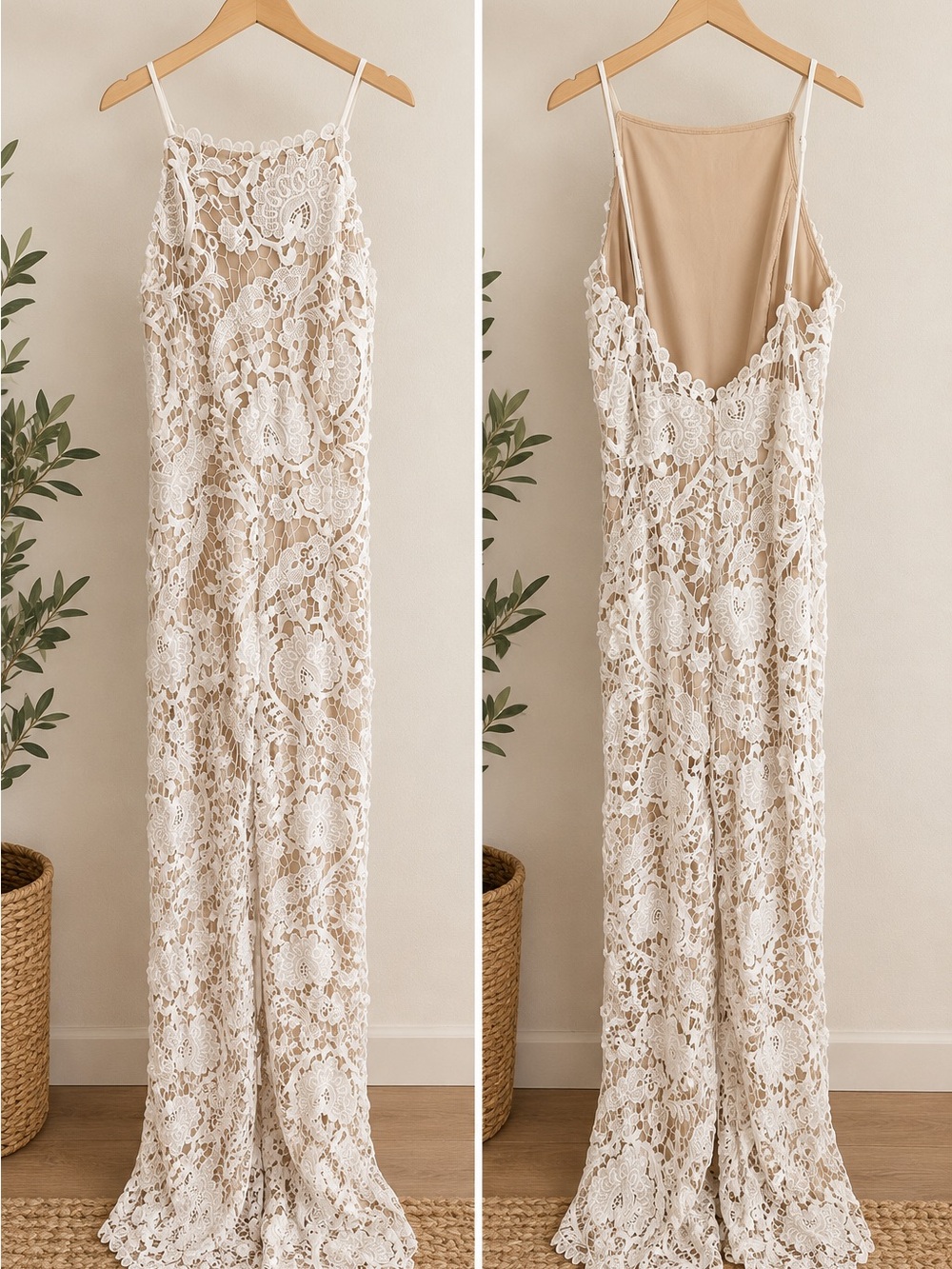 Beige Lace Overlay Jumpsuit with Slip